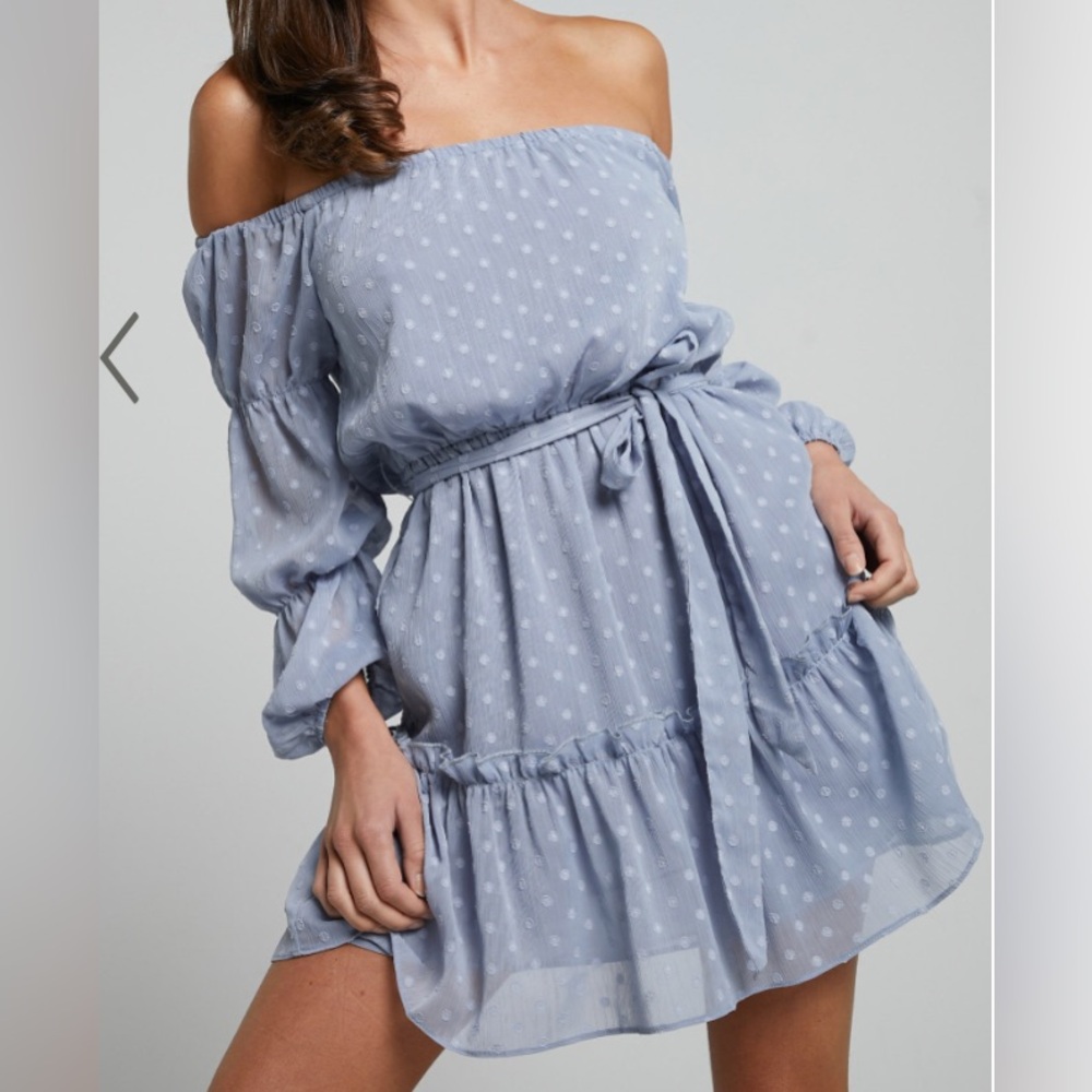 Showpo OFF SHOULDER MINI DRESS IN LIGHT BLUE
